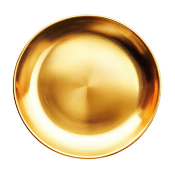 The image shows a single, empty, round gold plate with a brushed metallic finish; the plate is the sole focus against a black background.