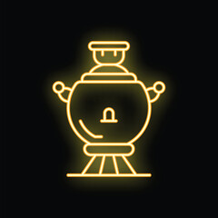 Yellow neon sign of a traditional russian samovar boiling water for tea ceremony on black background