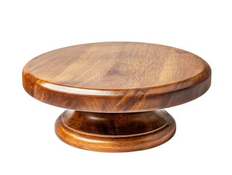 A polished round wooden cake stand with a pedestal base ideal for displaying desserts or other items.