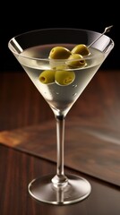 Classic martini with green olives in a cocktail glass
