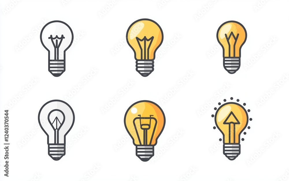 Aufkleber collection of light bulb icons in various styles and designs for creative projects and illustrations