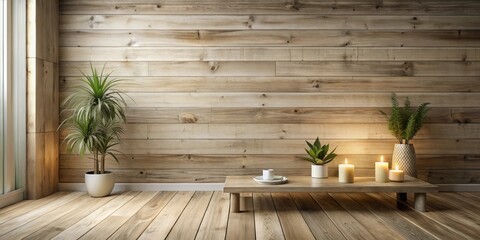 Serene Minimalist Interior Design with Wooden Wall, Plants, and Candles on Low Table