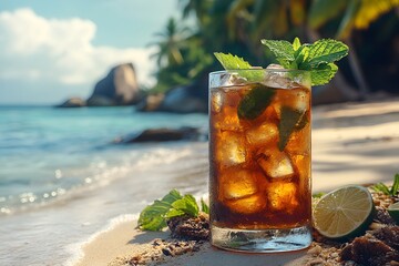 Tropical Beach Getaway with Refreshing Iced Drink, Perfect for Summer Relaxation and Travel Inspiration