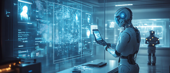 Futuristic Office with Humans and Robots