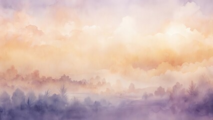 Fototapeta premium Serene watercolor landscape depicting a misty morning sunrise over a tranquil woodland scene with soft pastel hues and a peaceful atmosphere.