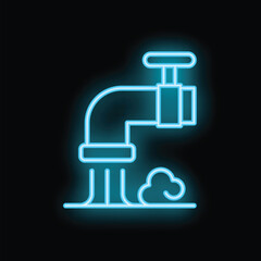 Blue glowing neon icon of a pipe leaking water with steam or smoke coming out on a black background