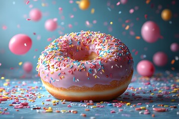 Colorful Donut with Pink Glaze and Sprinkles - Fun Dessert Design for Posters and Cards