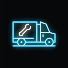 Blue neon sign depicting a delivery truck with a wrench, symbolizing repair and maintenance services