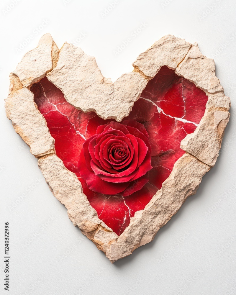 Poster heart shape frame with red rose and cracked texture for romantic concepts and decor ideas