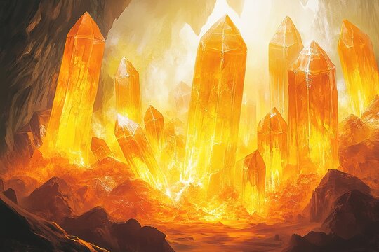 Glowing Amber Caverns: A mesmerizing subterranean world of radiant, yellowish-orange crystals illuminating a hidden, mystical grotto. Discover the beauty of nature's hidden gems in this breathtaking, 