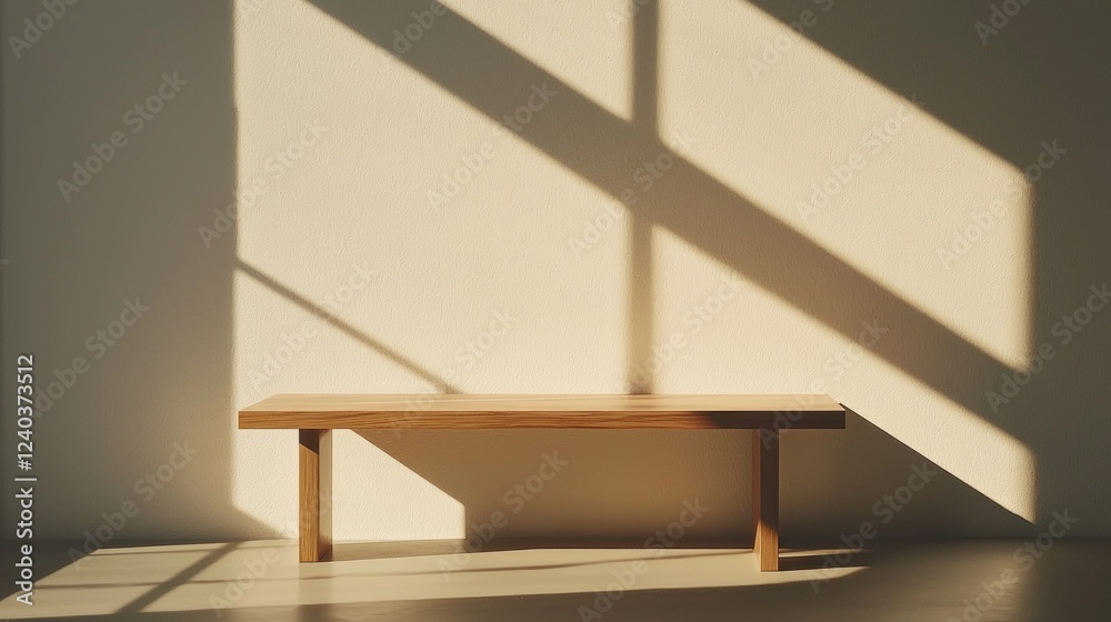 Poster a minimalist wooden bench rests quietly against a wall illuminated by warm morning light. long shado