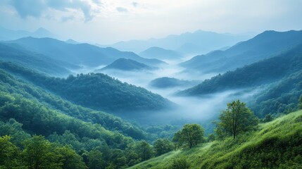 Fototapeta premium Misty Mountains Verdant Hills Scenic Landscape