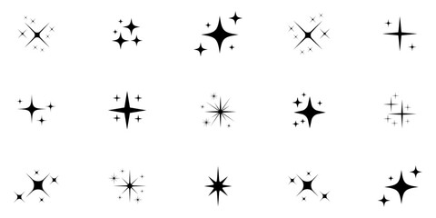 Set of black sparkle and star icons in various shapes and styles. Minimalist decorative elements for design, highlights, UI accents, or festive graphics on white background. Shine, icons, vector.