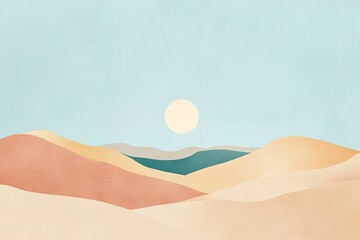 Endless Horizons: A Flat, Minimalist Illustration of a Vast, Expansive Desert Landscape, Perfect for Travel, Adventure, and Exploration Thematic Designs. Evokes a Sense of Serenity, Isolation, and the