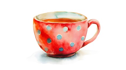 Watercolor painting of a red polka dot teacup