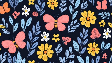 Vintage Floral Pattern with Cute Butterflies Bees and Ladybugs on Dark Background  Colorful and decorative nature with repeating motif of flowers leaves and various insects for wallpaper textile