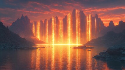 Giant Light Beams over a Misty Lake. Generative AI