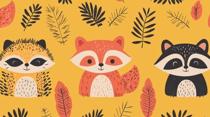 Whimsical hand drawn animal pattern featuring a repeating design of cute and colorful hedgehogs raccoons and foxes  Ideal for use as a background wallpaper fabric print or other creative applications