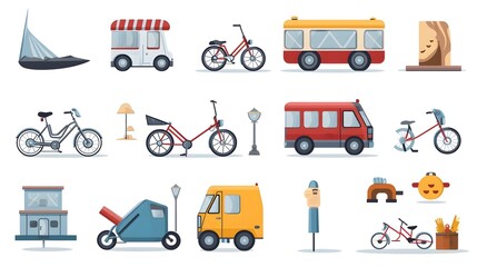 Collection of various eco friendly urban transportation icons including a cargo bike electric scooter and skateboard on a clean white background