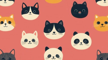 Adorable and Vibrant Pattern Featuring Cute Cartoon Faces of Smiling Kittens Puppies and Other Domestic Animal Companions