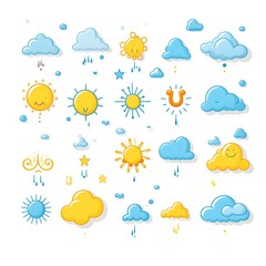Fototapeta premium Stylized weather symbols including a sunny icon cloud and raindrop arranged in a clean minimalist 16 9 layout on a plain white background This could be used for weather forecast meteorology