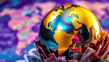 Golden Globe with Currency Bills and Coins