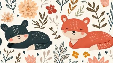 Adorable Sleeping Baby Bears Foxes and Rabbits Cuddled Together in a Peaceful Woodland Landscape with Flowers and Foliage