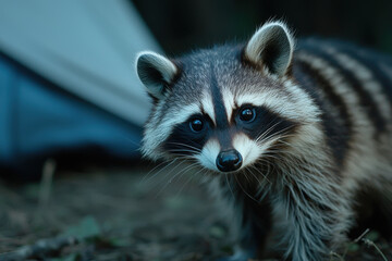 Fototapeta premium Curious raccoon exploring campsite at night, showcasing its playful nature