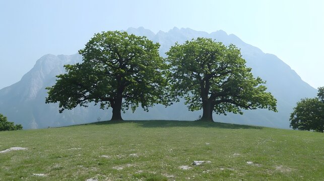 Majestic Mountain Landscape with Two Green Trees - Powered by Adobe