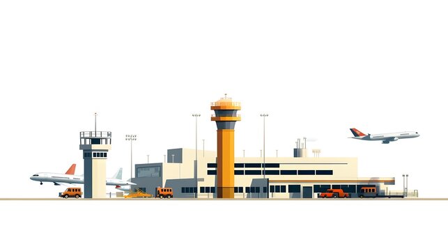 Minimalist icons depicting the essential elements of an airport s transportation infrastructure including the runway control tower and other essential components for air travel