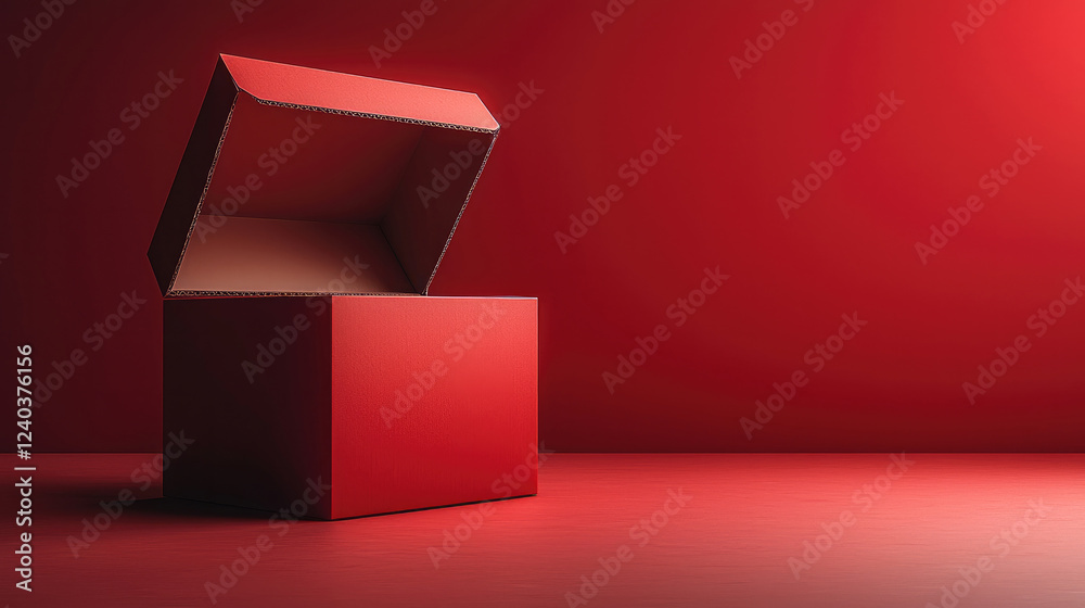 Aufkleber A red cardboard box with an open lid on the right side of it, against a plain red background.