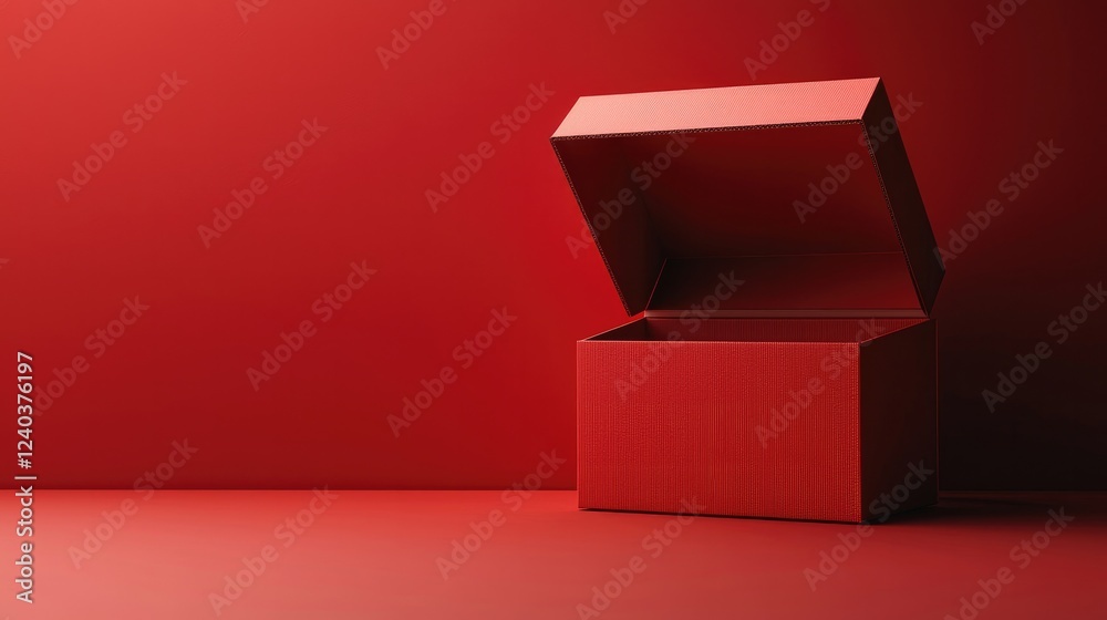 Aufkleber A red cardboard box with an open lid on the right side of it, against a plain red background.