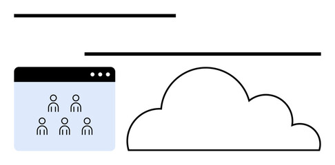 Cloud icon and browser window with team avatars illustrate remote collaboration, cloud computing, and digital transformation. Ideal for teamwork, online communication, cloud sharing, SaaS, digital