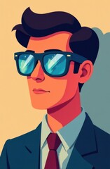 Businessman wearing sunglasses reflecting snowy mountains in cartoon style