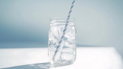 Iced drink glass with straw on solid background