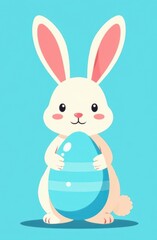 Obraz premium Cute cartoon easter bunny holding a big decorated egg on blue background