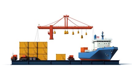 Cargo Ship Container Crane Hook and Shipping Pallet Icons Representing the Logistics and Transportation Industry on a White Background