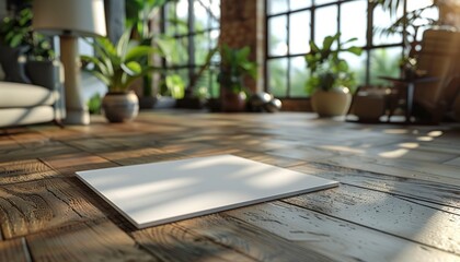 A white piece of paper is on a wooden floor in a room with plants