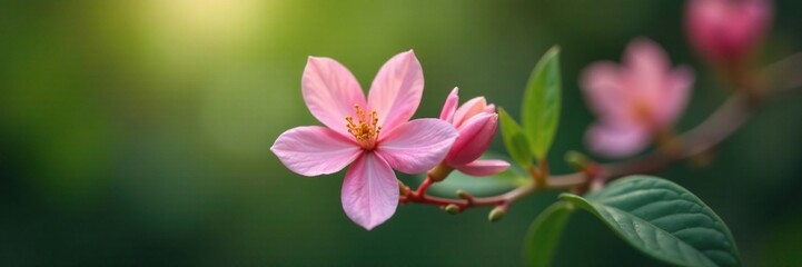 Obraz premium A delicate pink jasmine blossom on a single stem, foliage, delicate