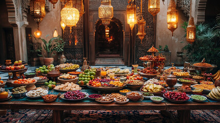 Fototapeta premium Lantern-Lit Iftar at Night with Togetherness and Abundance. An opulent Iftar table adorned with golden lanterns, exotic fruits, and authentic Middle Eastern delicacies.