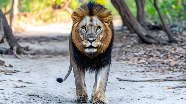 Majestic Male Lion Walking on Sandy Path in African Savanna