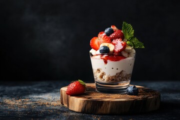 Delicious berry dessert in glass with mint on rustic wooden board