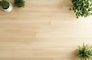 Plants on light wood floor, overhead view, home office, minimalist background, design mockup