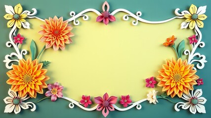 Obraz premium Colorful paper cut effect flowers frame featuring vibrant dahlia and daisy flowers in a beautiful and intricate design, flowers, paper cut, frame