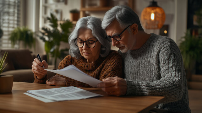 Senior Couple Reviewing Financial Documents at Home. An elderly couple with gray hair and glasses sitting at a wooden table, seriously reviewing financial documents in a cozy home setting.