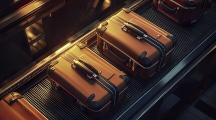 Naklejka premium Suitcases on a conveyor belt, overhead view, warm lighting, travel theme, cinematic composition.