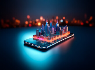 Fototapeta premium A vibrant, miniature metropolis glows on a smartphone screen, symbolizing a connected, modern world. The city is illuminated with a futuristic, neon-like light.