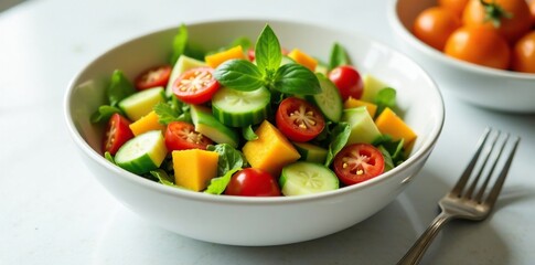 A handmade vegan salad served in a white ceramic bowl, ceramic, white