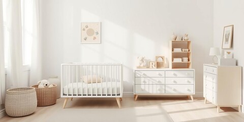 Obraz premium Modern baby room interior with a white crib and matching chest of drawers, decorated with neutral tones and playful accents, neutral, stylish, tones