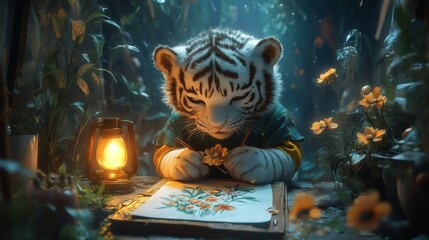 Playful depiction of a white tiger character in a houseshaped frame dressed in green and yellow concentrating on drawing flowers with a warm lamp casting light against a serene blue backdrop